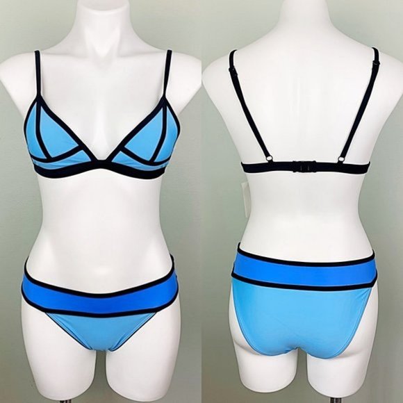 Blue Neo Piped Colorblock Banded Triangle Bikini - Picture 5 of 11